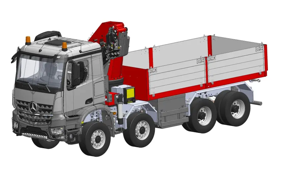 Arocs 4-axle building material truck Palfinger loading crane